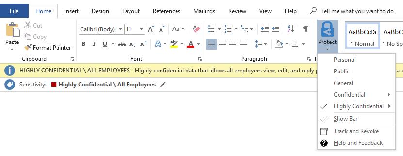 The Protect button will appear on the ribbon of Word, Excel and Outlook.